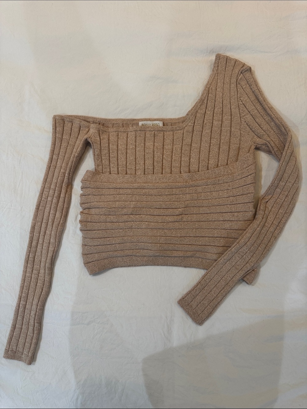 Ronny Kobo Rosette Oatmeal Asymmetrical Wrap Ribbed Knit Crop Top Neutral Date - Picture 2 of 13